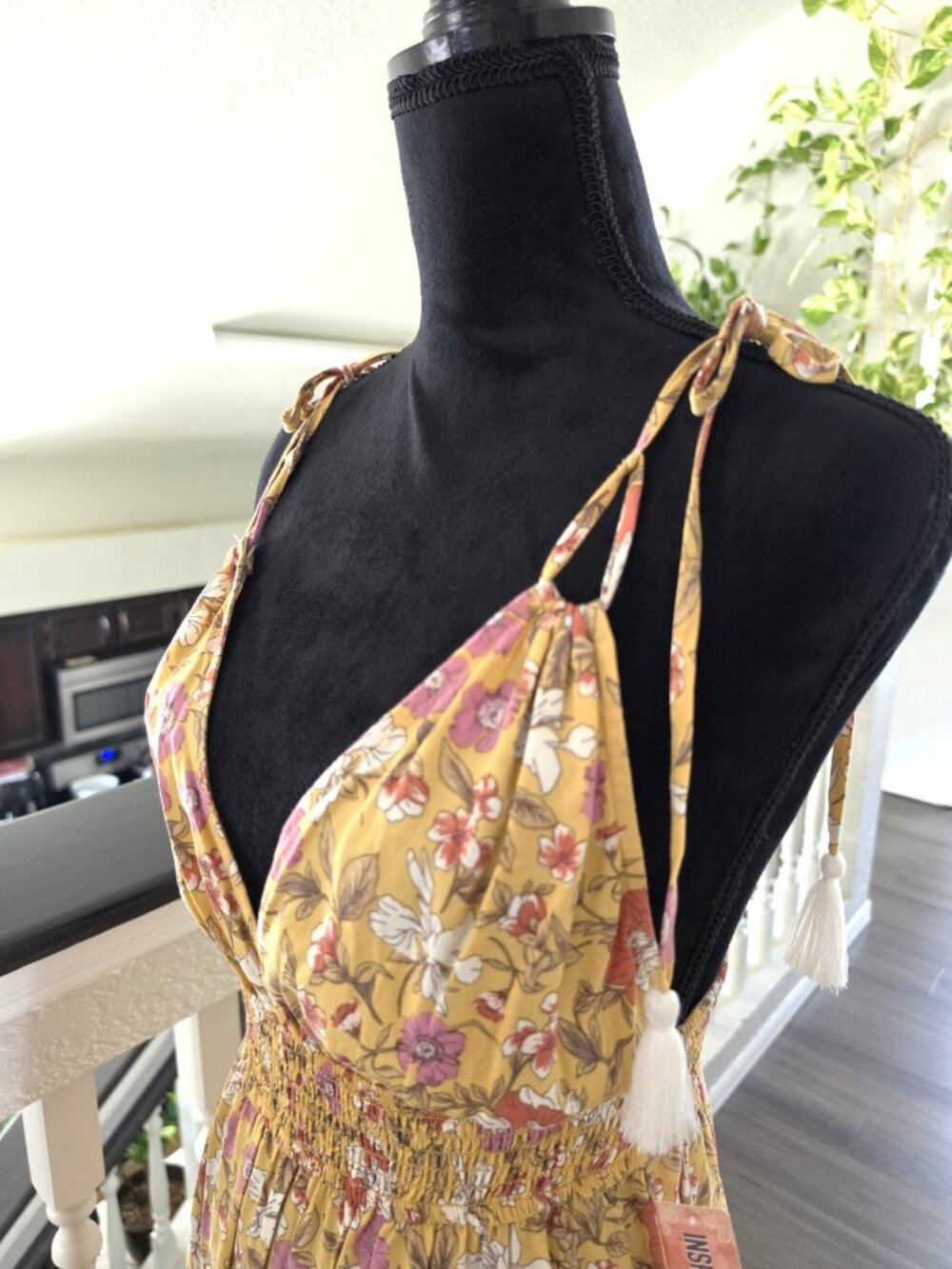 Inspired Hearts Yellow Floral V-Neck Tassel Tie Strappy Maxi Dress Womens L - Picture 10 of 10